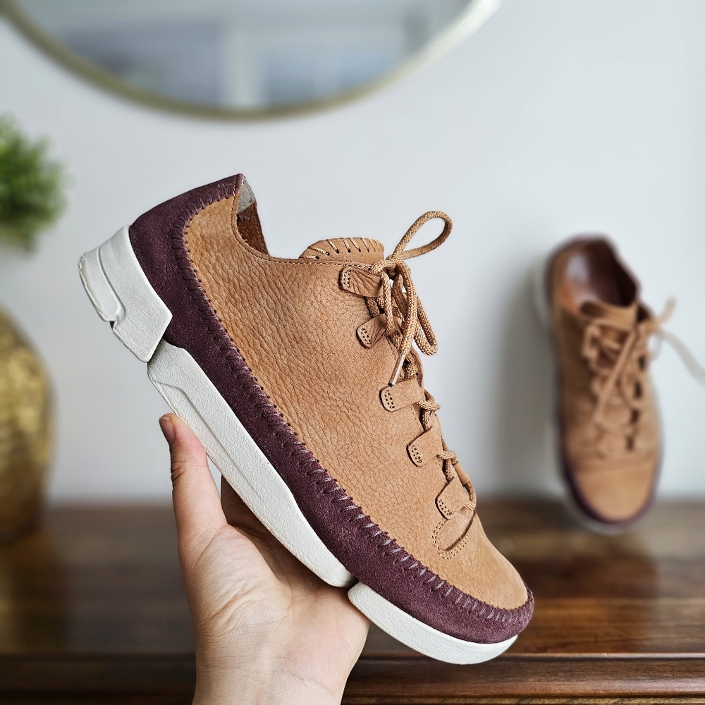 Clarks Originals Trigenic Flex Tan Burgundy Nubuck Casual Shoes Trainers, Sz 11M